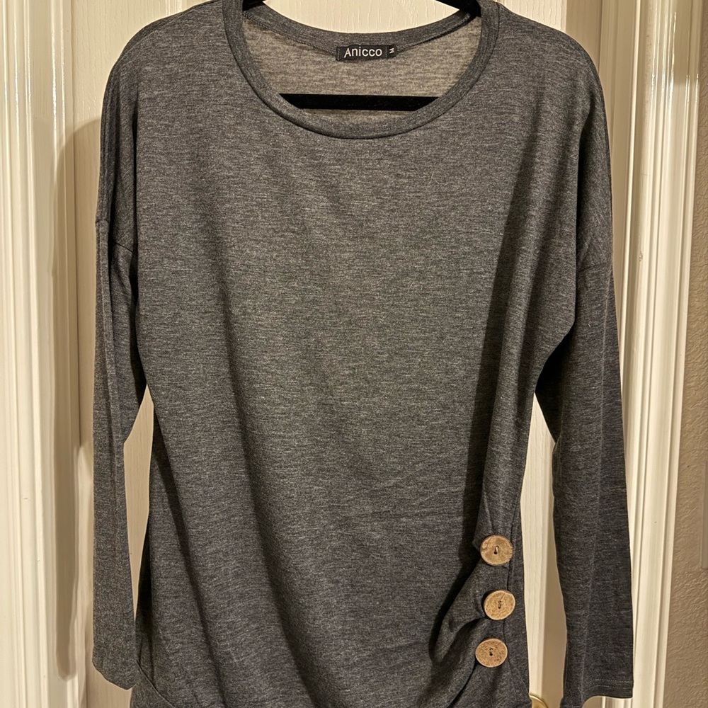 Charcoal Long Sleeve Women's Top with Button Accents